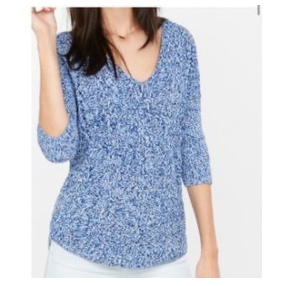 Express Short Sleeve V-Neck Marled Cable Tunic Sweater